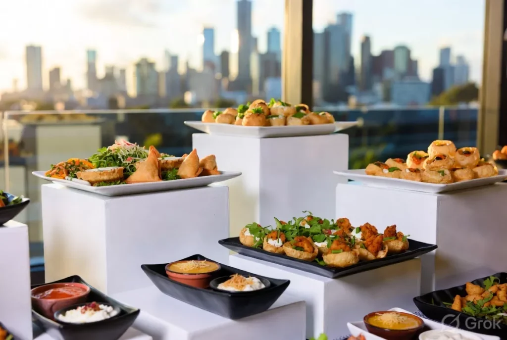 Chaat canapés Indian street food Melbourne Jeeta Catering mini samosa and dahi puri selection at corporate event

